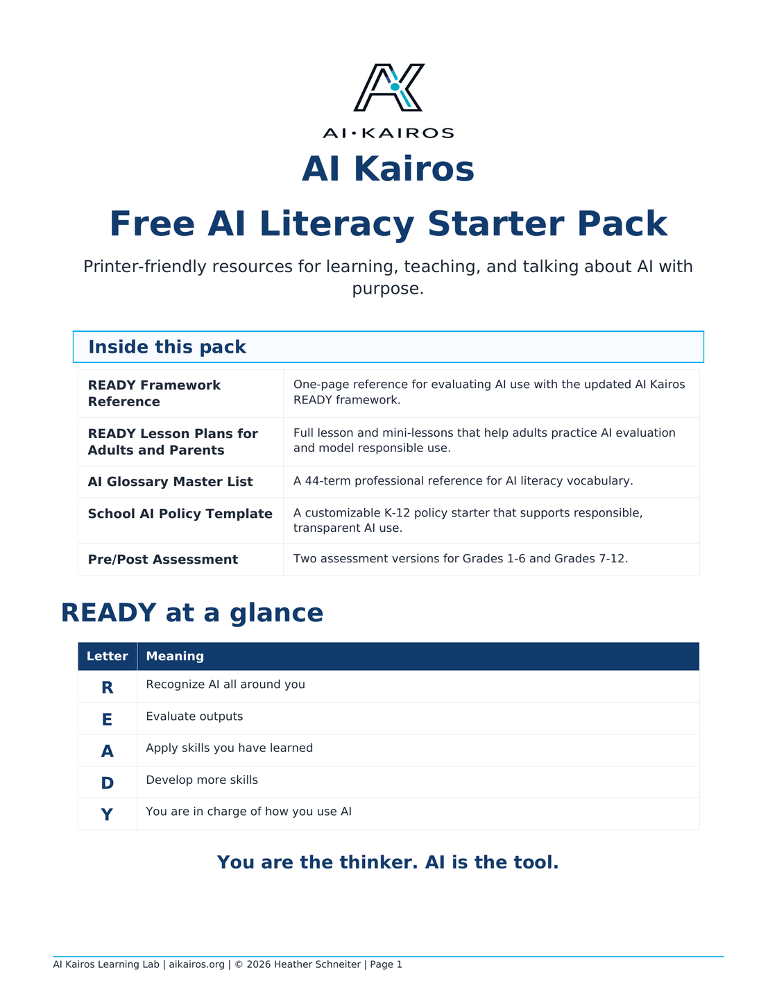 AI Kairos Freebie Pack preview showing the cover, FOCUS framework, READY framework, lesson plans, school policy template, pre/post assessment, AI glossary, and start here guide
