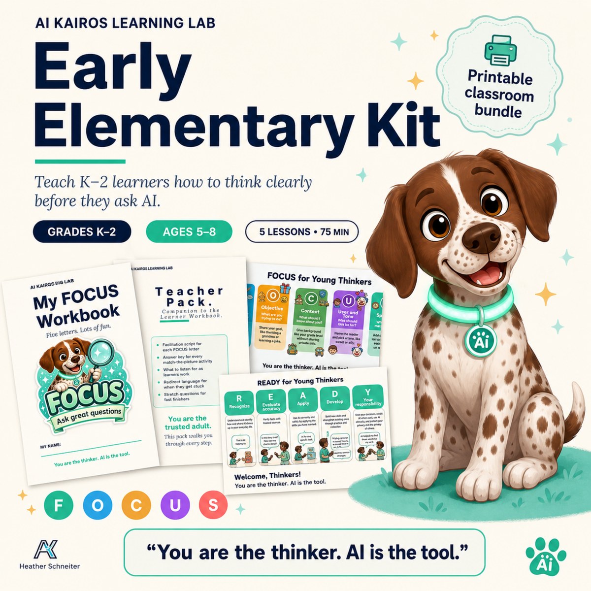 Early Elementary Kit cover with Kai the puppy mascot, FOCUS workbook, Teacher Pack, and READY framework cards