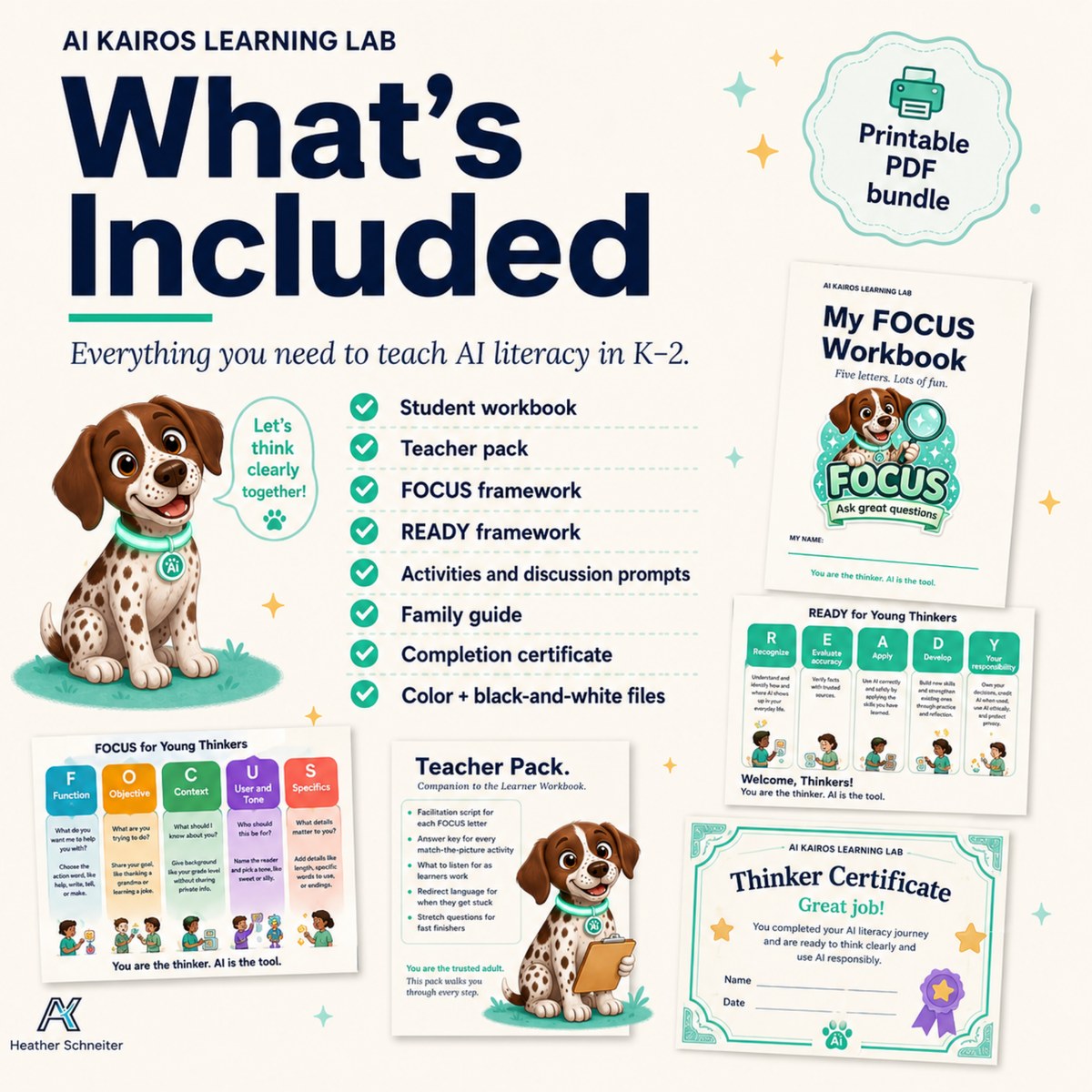 What is included in the K-2 kit: student workbook, teacher pack, FOCUS framework, READY framework, activities, family guide, completion certificate