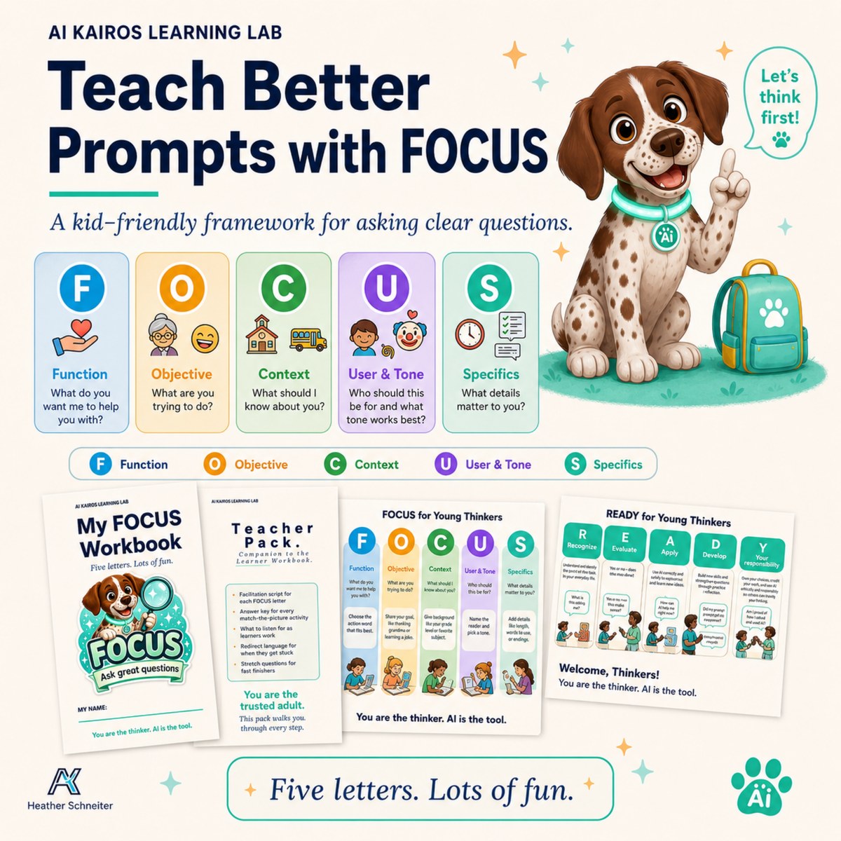 FOCUS framework for young thinkers: Function, Objective, Context, User and Tone, Specifics, with kid-friendly explanations for each letter