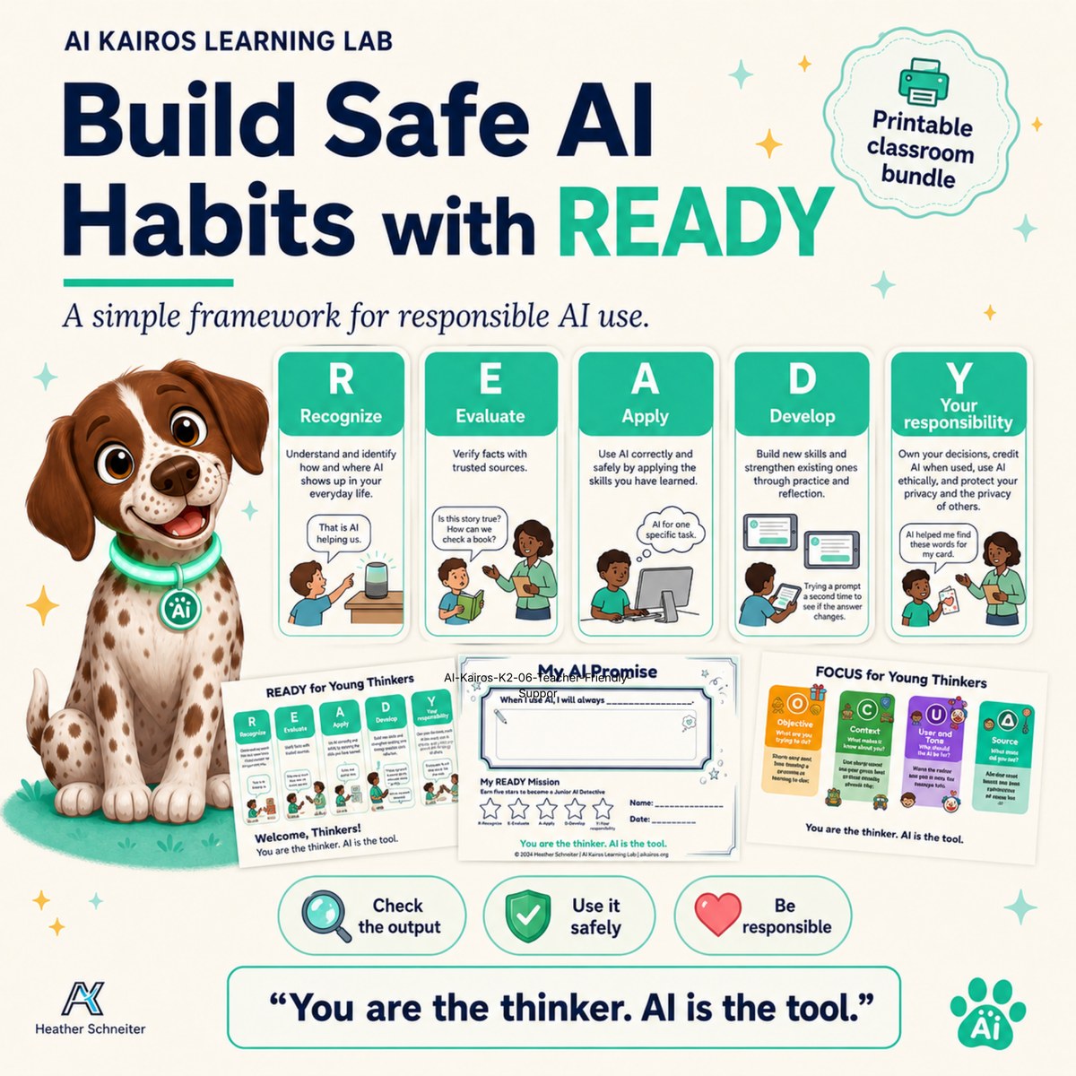 READY framework for safe AI habits: Recognize, Evaluate, Apply, Develop, Your responsibility, with illustrated kid-friendly explanations