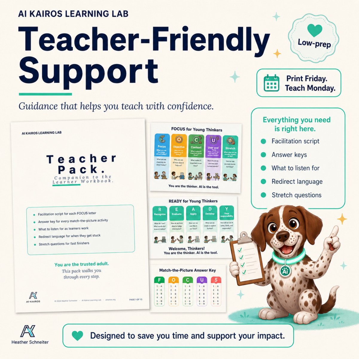 Teacher-friendly support pages: facilitation scripts, answer keys, what to listen for, redirect language, stretch questions, low-prep